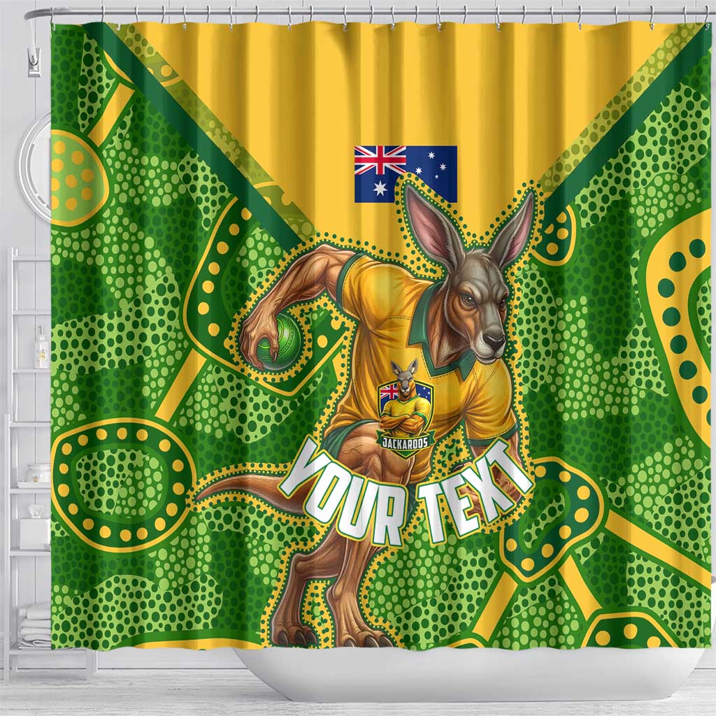 Personalized Australian Jackaroo Lawn Bowls Shower Curtain Kangaroo Athlete Indigenous Pattern Green Yellow Sports Mascot