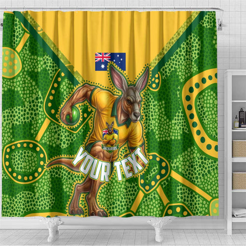 Personalized Australian Jackaroo Lawn Bowls Shower Curtain Kangaroo Athlete Indigenous Pattern Green Yellow Sports Mascot