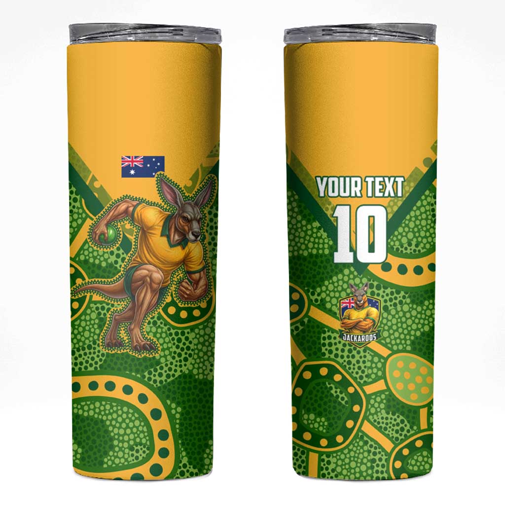 Personalized Australian Jackaroo Lawn Bowls Skinny Tumbler Kangaroo Athlete Indigenous Pattern Green Yellow Sports Mascot
