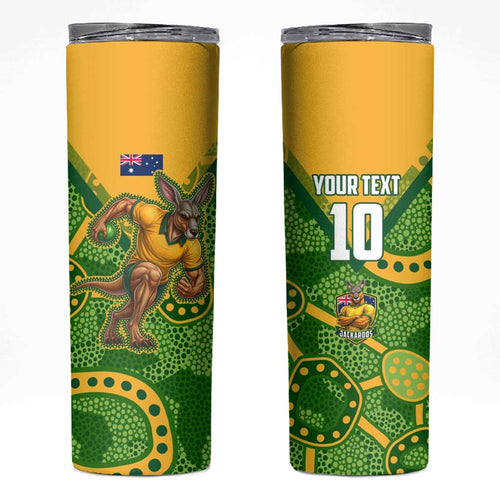 Personalized Australian Jackaroo Lawn Bowls Skinny Tumbler Kangaroo Athlete Indigenous Pattern Green Yellow Sports Mascot