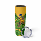 Personalized Australian Jackaroo Lawn Bowls Skinny Tumbler Kangaroo Athlete Indigenous Pattern Green Yellow Sports Mascot