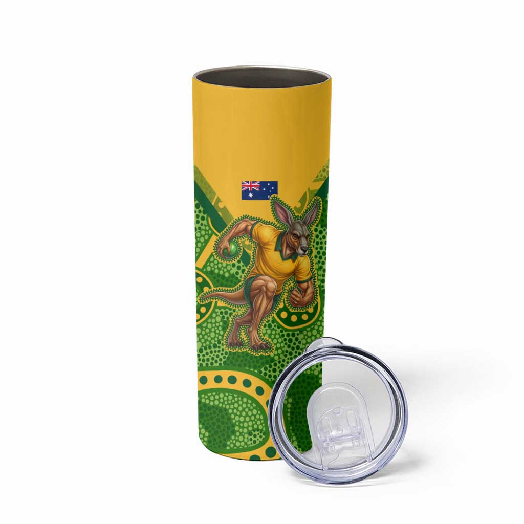 Personalized Australian Jackaroo Lawn Bowls Skinny Tumbler Kangaroo Athlete Indigenous Pattern Green Yellow Sports Mascot
