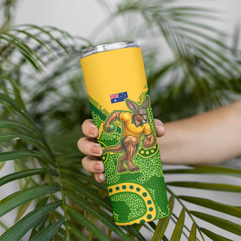 Personalized Australian Jackaroo Lawn Bowls Skinny Tumbler Kangaroo Athlete Indigenous Pattern Green Yellow Sports Mascot