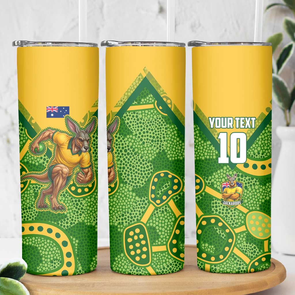 Personalized Australian Jackaroo Lawn Bowls Skinny Tumbler Kangaroo Athlete Indigenous Pattern Green Yellow Sports Mascot