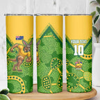 Personalized Australian Jackaroo Lawn Bowls Skinny Tumbler Kangaroo Athlete Indigenous Pattern Green Yellow Sports Mascot