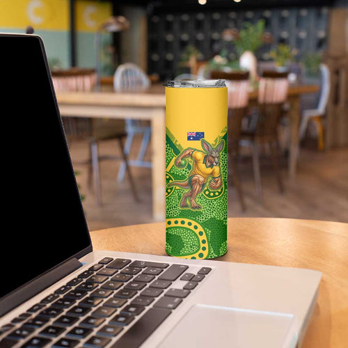 Personalized Australian Jackaroo Lawn Bowls Skinny Tumbler Kangaroo Athlete Indigenous Pattern Green Yellow Sports Mascot