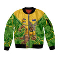 Personalized Australian Jackaroo Lawn Bowls Sleeve Zip Bomber Jacket Kangaroo Athlete Indigenous Pattern Green Yellow Sports Mascot