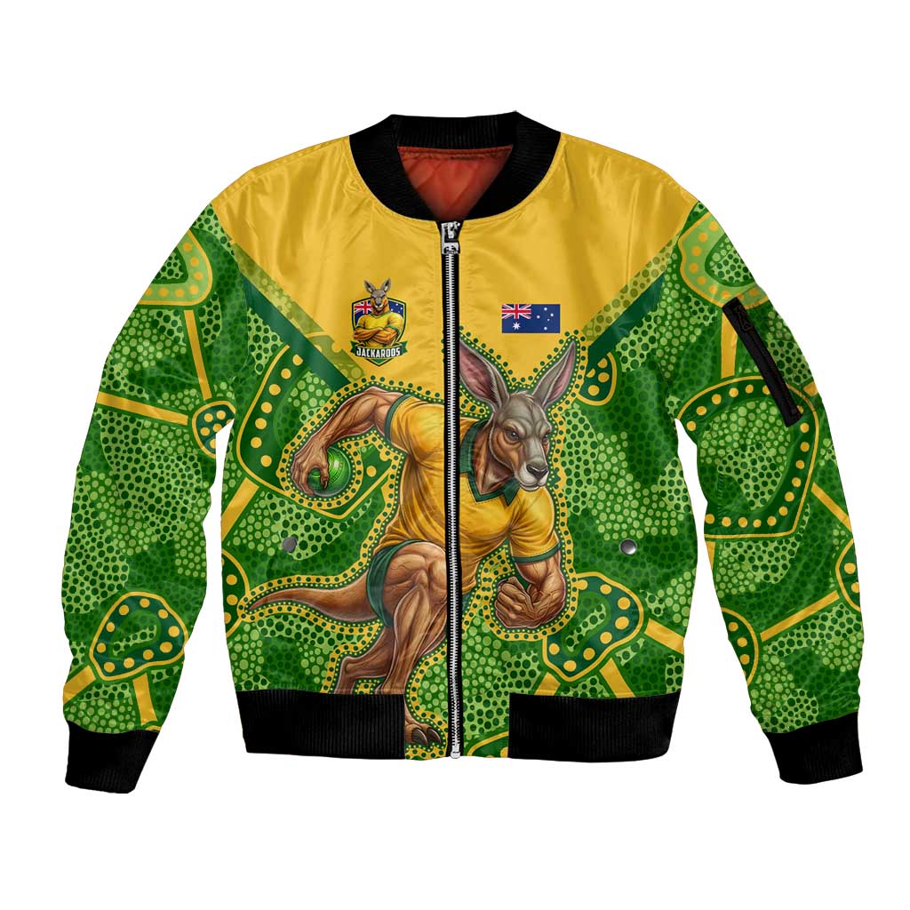 Personalized Australian Jackaroo Lawn Bowls Sleeve Zip Bomber Jacket Kangaroo Athlete Indigenous Pattern Green Yellow Sports Mascot