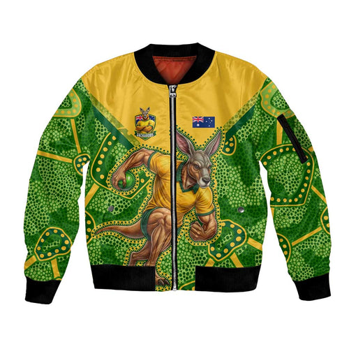 Personalized Australian Jackaroo Lawn Bowls Sleeve Zip Bomber Jacket Kangaroo Athlete Indigenous Pattern Green Yellow Sports Mascot