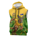 Personalized Australian Jackaroo Lawn Bowls Sleeveless Hoodie Kangaroo Athlete Indigenous Pattern Green Yellow Sports Mascot
