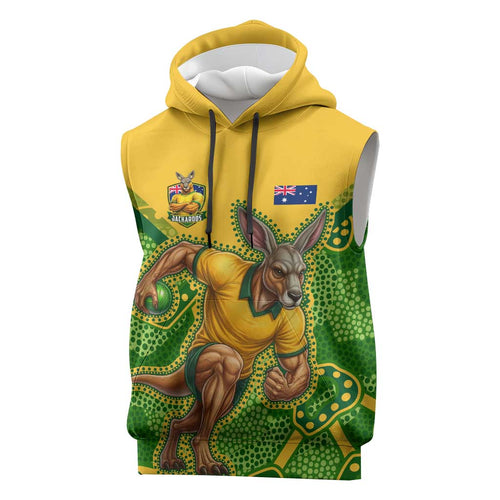 Personalized Australian Jackaroo Lawn Bowls Sleeveless Hoodie Kangaroo Athlete Indigenous Pattern Green Yellow Sports Mascot