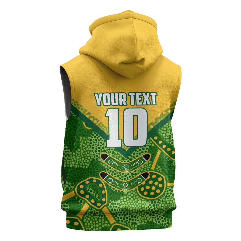 Personalized Australian Jackaroo Lawn Bowls Sleeveless Hoodie Kangaroo Athlete Indigenous Pattern Green Yellow Sports Mascot