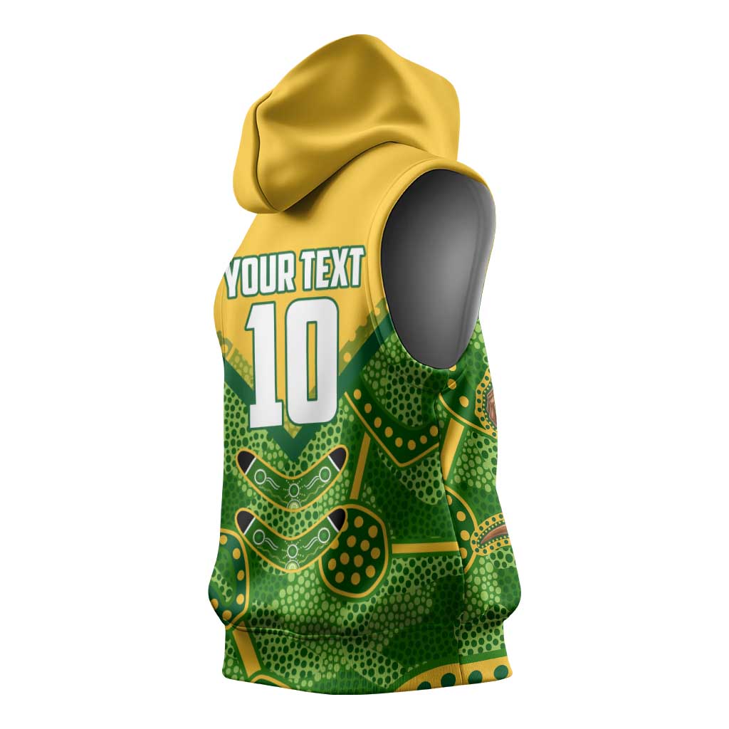 Personalized Australian Jackaroo Lawn Bowls Sleeveless Hoodie Kangaroo Athlete Indigenous Pattern Green Yellow Sports Mascot