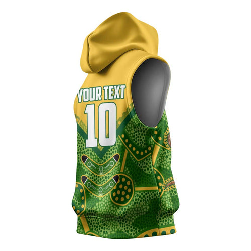 Personalized Australian Jackaroo Lawn Bowls Sleeveless Hoodie Kangaroo Athlete Indigenous Pattern Green Yellow Sports Mascot