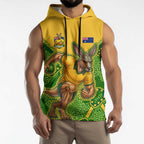 Personalized Australian Jackaroo Lawn Bowls Sleeveless Hoodie Kangaroo Athlete Indigenous Pattern Green Yellow Sports Mascot