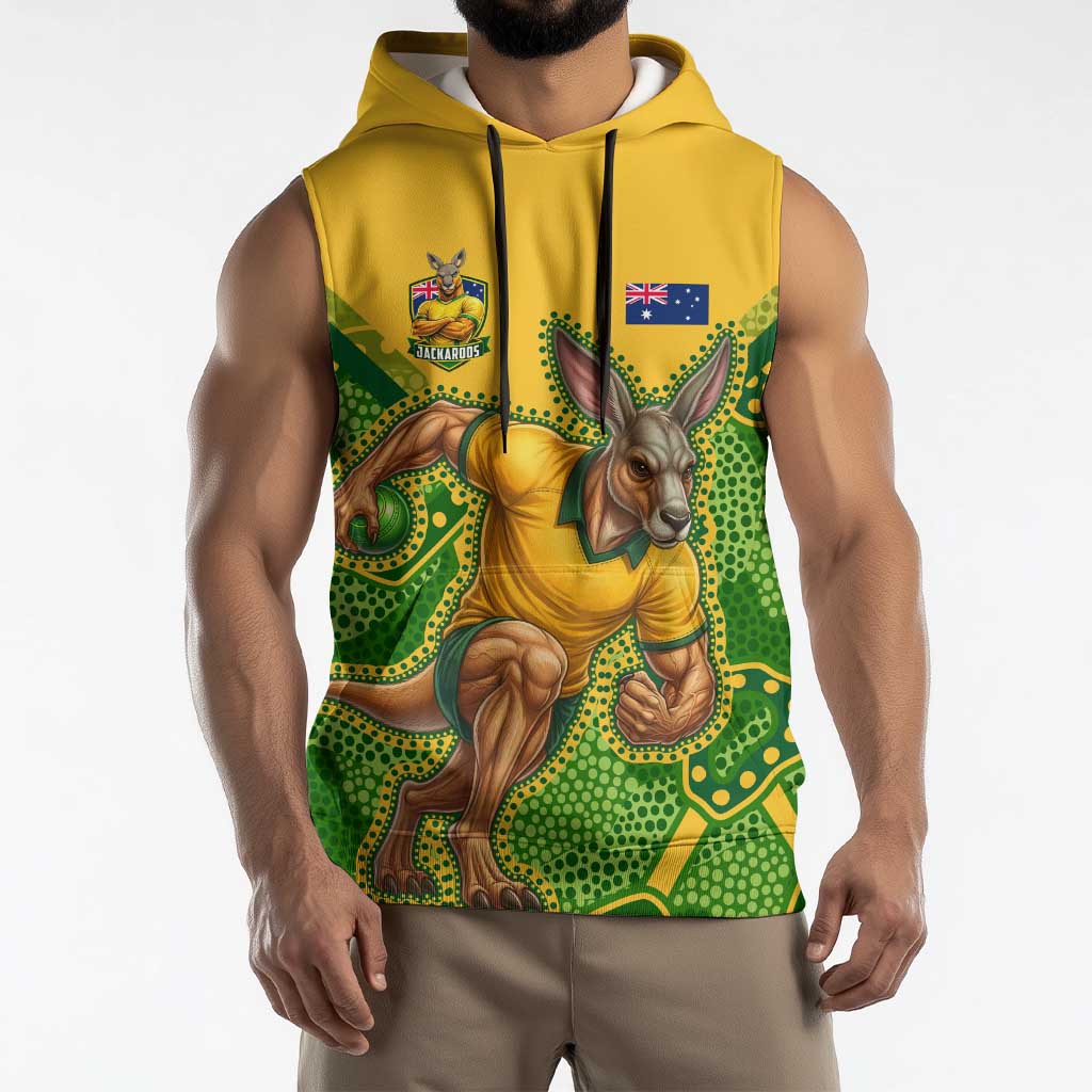 Personalized Australian Jackaroo Lawn Bowls Sleeveless Hoodie Kangaroo Athlete Indigenous Pattern Green Yellow Sports Mascot