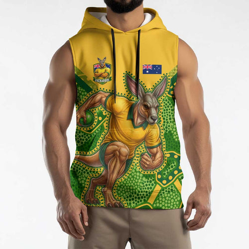 Personalized Australian Jackaroo Lawn Bowls Sleeveless Hoodie Kangaroo Athlete Indigenous Pattern Green Yellow Sports Mascot