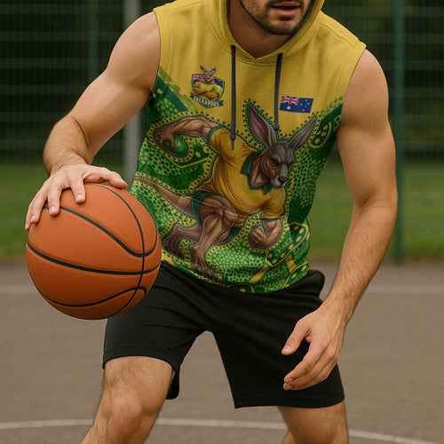 Personalized Australian Jackaroo Lawn Bowls Sleeveless Hoodie Kangaroo Athlete Indigenous Pattern Green Yellow Sports Mascot