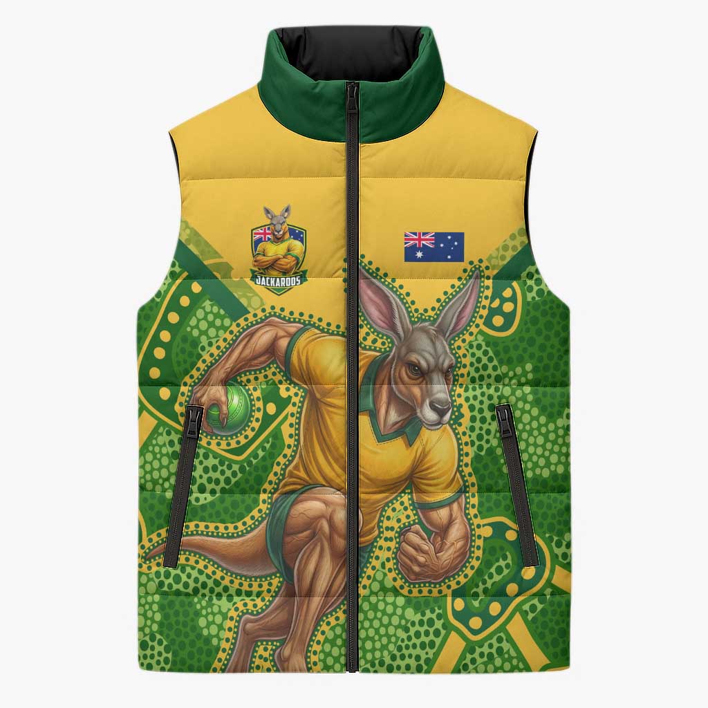 Personalized Australian Jackaroo Lawn Bowls Sleeveless Puffer Jacket Kangaroo Athlete Indigenous Pattern Green Yellow Sports Mascot