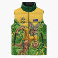 Personalized Australian Jackaroo Lawn Bowls Sleeveless Puffer Jacket Kangaroo Athlete Indigenous Pattern Green Yellow Sports Mascot