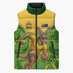 Personalized Australian Jackaroo Lawn Bowls Sleeveless Puffer Jacket Kangaroo Athlete Indigenous Pattern Green Yellow Sports Mascot