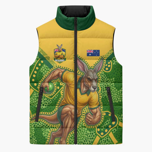 Personalized Australian Jackaroo Lawn Bowls Sleeveless Puffer Jacket Kangaroo Athlete Indigenous Pattern Green Yellow Sports Mascot