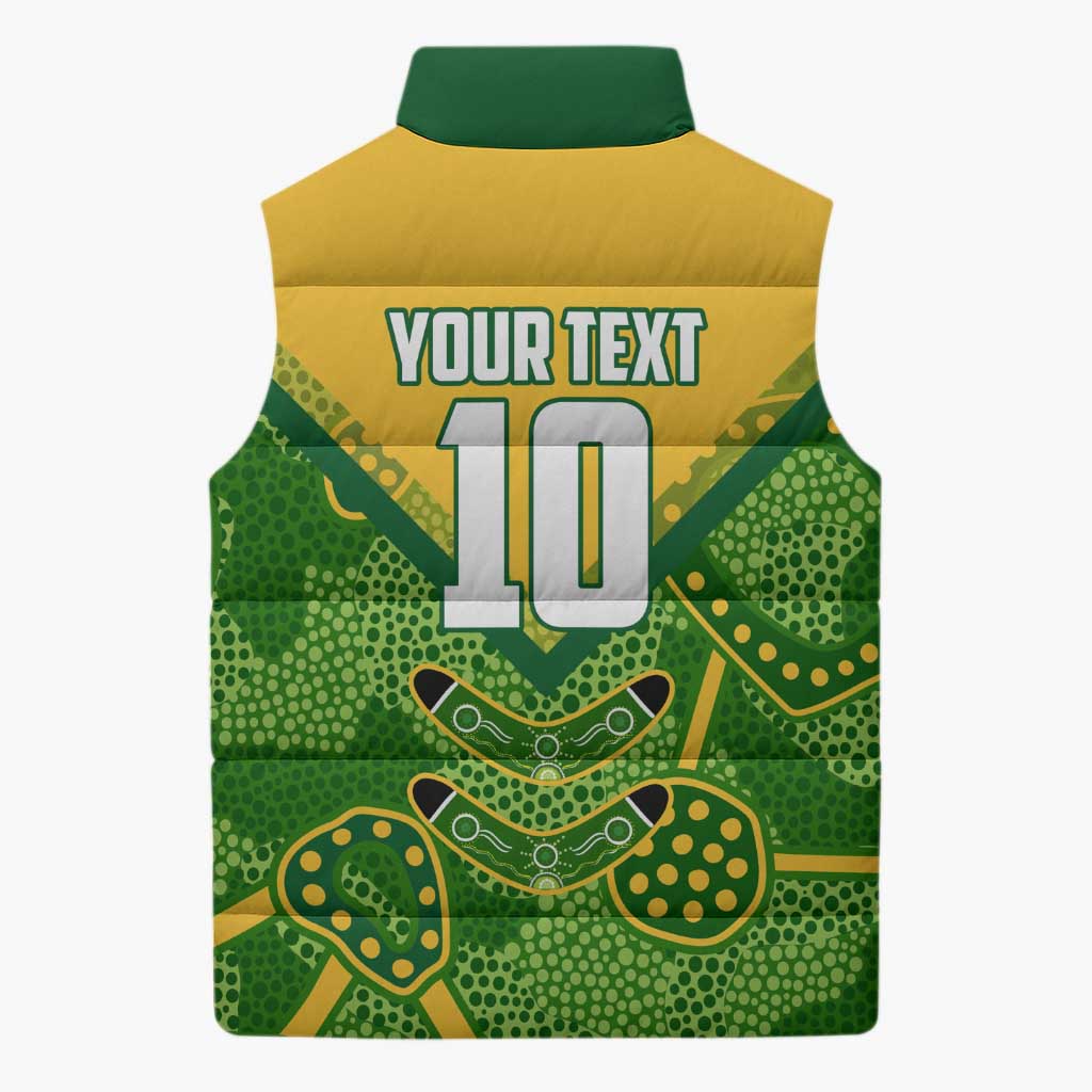 Personalized Australian Jackaroo Lawn Bowls Sleeveless Puffer Jacket Kangaroo Athlete Indigenous Pattern Green Yellow Sports Mascot