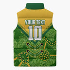 Personalized Australian Jackaroo Lawn Bowls Sleeveless Puffer Jacket Kangaroo Athlete Indigenous Pattern Green Yellow Sports Mascot