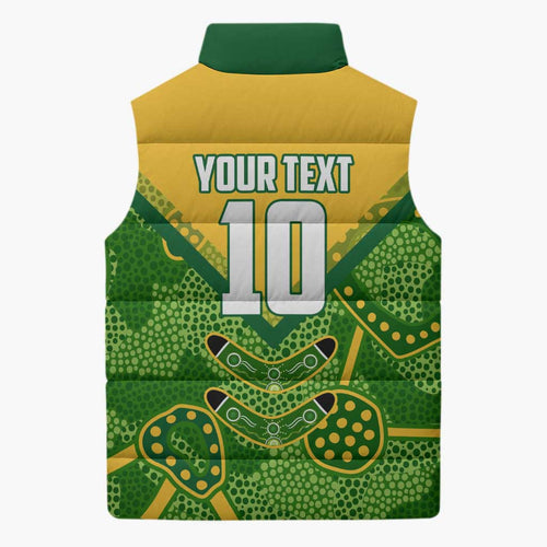 Personalized Australian Jackaroo Lawn Bowls Sleeveless Puffer Jacket Kangaroo Athlete Indigenous Pattern Green Yellow Sports Mascot