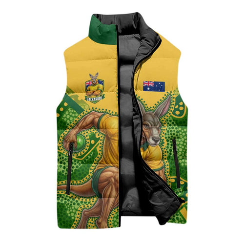 Personalized Australian Jackaroo Lawn Bowls Sleeveless Puffer Jacket Kangaroo Athlete Indigenous Pattern Green Yellow Sports Mascot