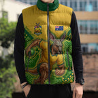 Personalized Australian Jackaroo Lawn Bowls Sleeveless Puffer Jacket Kangaroo Athlete Indigenous Pattern Green Yellow Sports Mascot