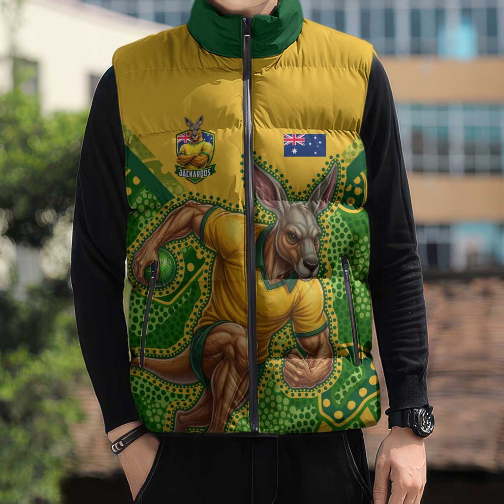 Personalized Australian Jackaroo Lawn Bowls Sleeveless Puffer Jacket Kangaroo Athlete Indigenous Pattern Green Yellow Sports Mascot