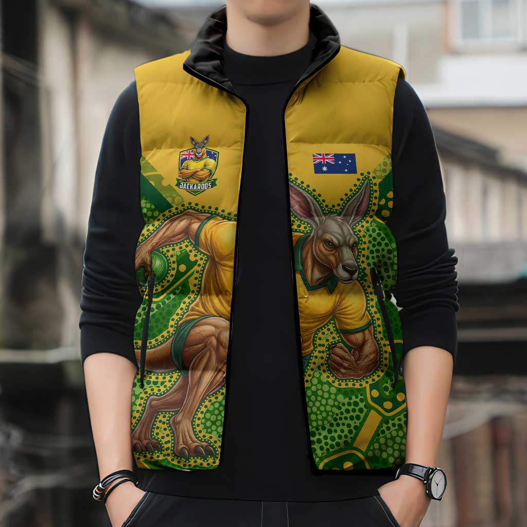 Personalized Australian Jackaroo Lawn Bowls Sleeveless Puffer Jacket Kangaroo Athlete Indigenous Pattern Green Yellow Sports Mascot