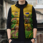 Personalized Australian Jackaroo Lawn Bowls Sleeveless Puffer Jacket Kangaroo Athlete Indigenous Pattern Green Yellow Sports Mascot