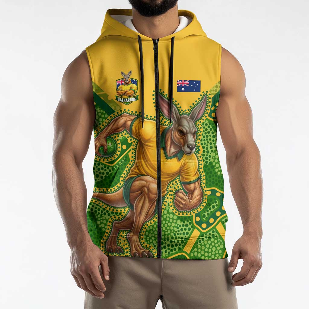 Personalized Australian Jackaroo Lawn Bowls Sleeveless Zip Hoodie Kangaroo Athlete Indigenous Pattern Green Yellow Sports Mascot