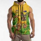 Personalized Australian Jackaroo Lawn Bowls Sleeveless Zip Hoodie Kangaroo Athlete Indigenous Pattern Green Yellow Sports Mascot