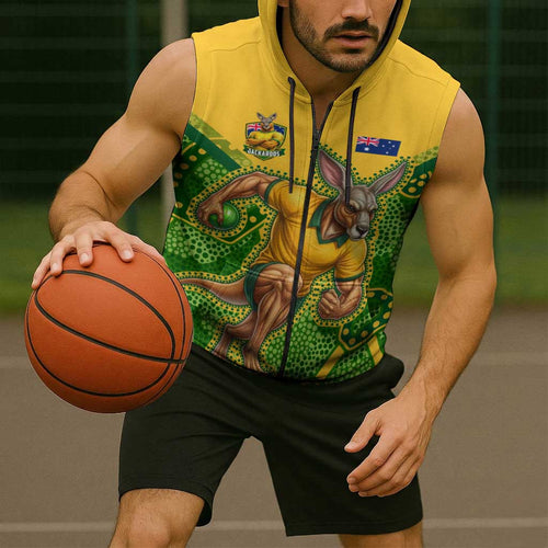 Personalized Australian Jackaroo Lawn Bowls Sleeveless Zip Hoodie Kangaroo Athlete Indigenous Pattern Green Yellow Sports Mascot