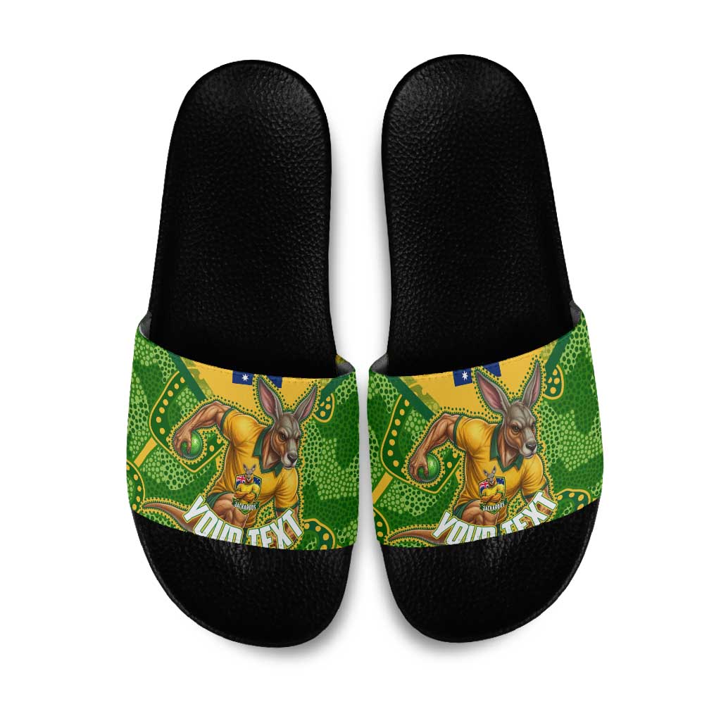 Personalized Australian Jackaroo Lawn Bowls Slide Sandals Kangaroo Athlete Indigenous Pattern Green Yellow Sports Mascot