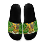Personalized Australian Jackaroo Lawn Bowls Slide Sandals Kangaroo Athlete Indigenous Pattern Green Yellow Sports Mascot