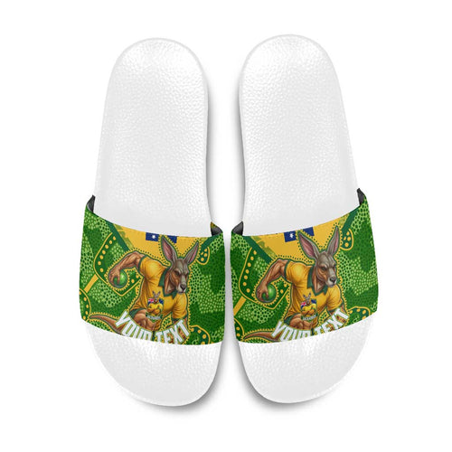 Personalized Australian Jackaroo Lawn Bowls Slide Sandals Kangaroo Athlete Indigenous Pattern Green Yellow Sports Mascot