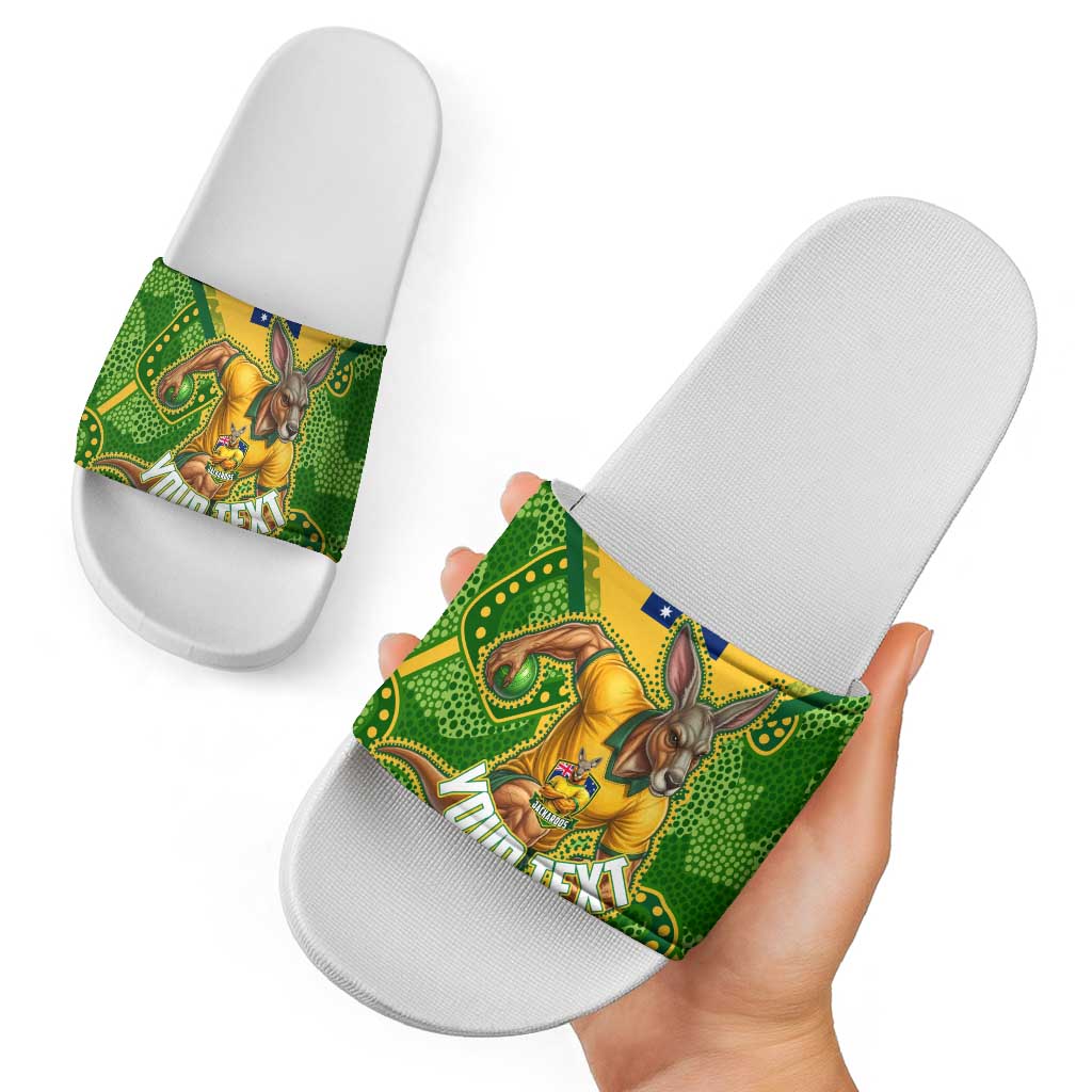 Personalized Australian Jackaroo Lawn Bowls Slide Sandals Kangaroo Athlete Indigenous Pattern Green Yellow Sports Mascot