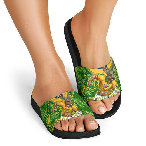 Personalized Australian Jackaroo Lawn Bowls Slide Sandals Kangaroo Athlete Indigenous Pattern Green Yellow Sports Mascot