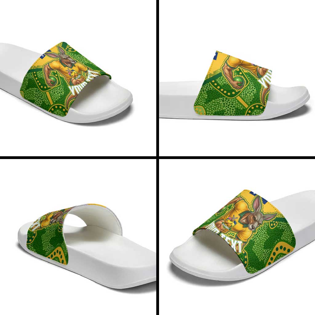 Personalized Australian Jackaroo Lawn Bowls Slide Sandals Kangaroo Athlete Indigenous Pattern Green Yellow Sports Mascot
