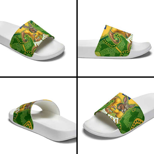 Personalized Australian Jackaroo Lawn Bowls Slide Sandals Kangaroo Athlete Indigenous Pattern Green Yellow Sports Mascot