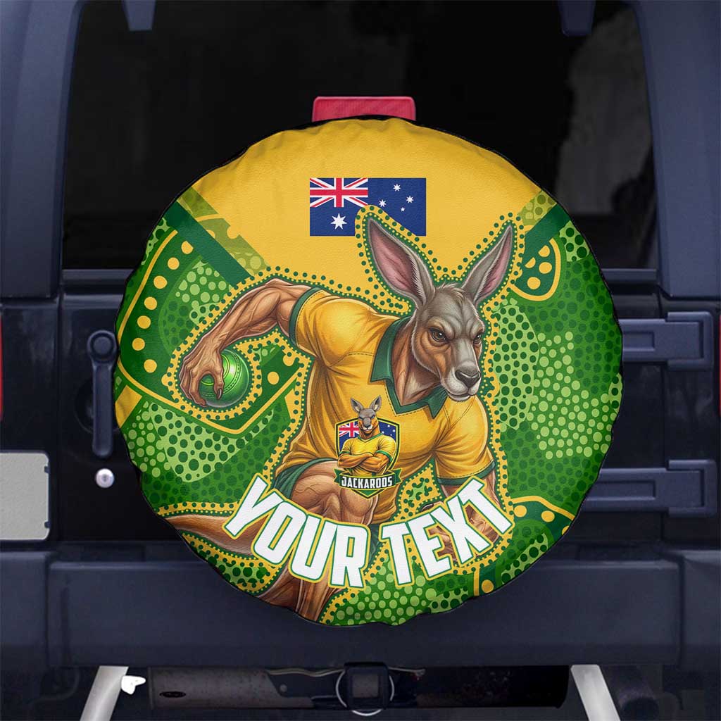 Personalized Australian Jackaroo Lawn Bowls Spare Tire Cover Kangaroo Athlete Indigenous Pattern Green Yellow Sports Mascot