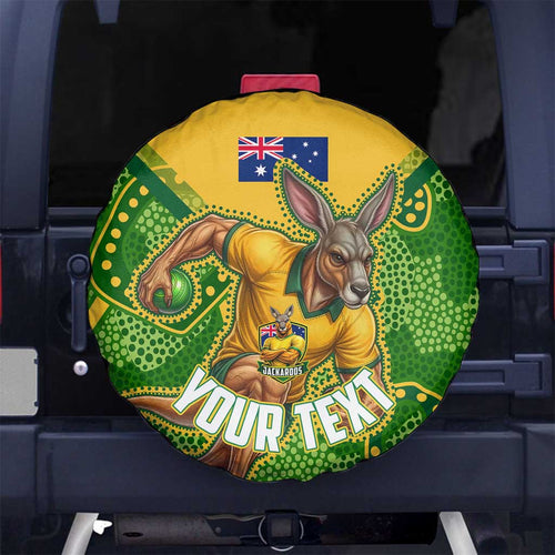 Personalized Australian Jackaroo Lawn Bowls Spare Tire Cover Kangaroo Athlete Indigenous Pattern Green Yellow Sports Mascot