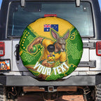 Personalized Australian Jackaroo Lawn Bowls Spare Tire Cover Kangaroo Athlete Indigenous Pattern Green Yellow Sports Mascot