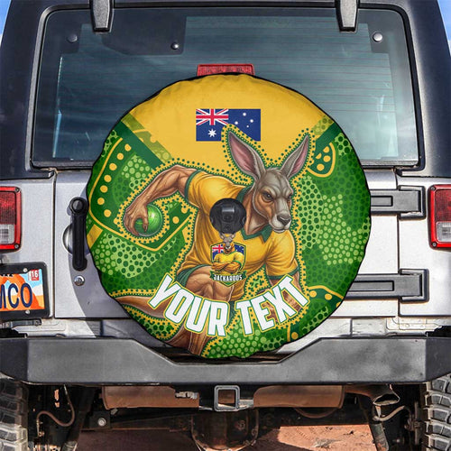 Personalized Australian Jackaroo Lawn Bowls Spare Tire Cover Kangaroo Athlete Indigenous Pattern Green Yellow Sports Mascot