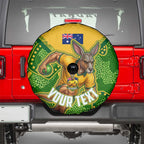 Personalized Australian Jackaroo Lawn Bowls Spare Tire Cover Kangaroo Athlete Indigenous Pattern Green Yellow Sports Mascot