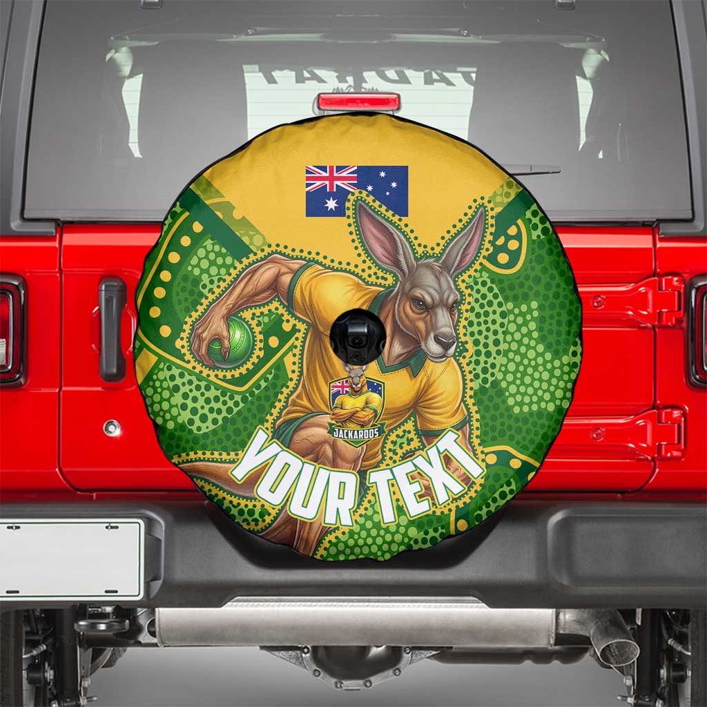 Personalized Australian Jackaroo Lawn Bowls Spare Tire Cover Kangaroo Athlete Indigenous Pattern Green Yellow Sports Mascot